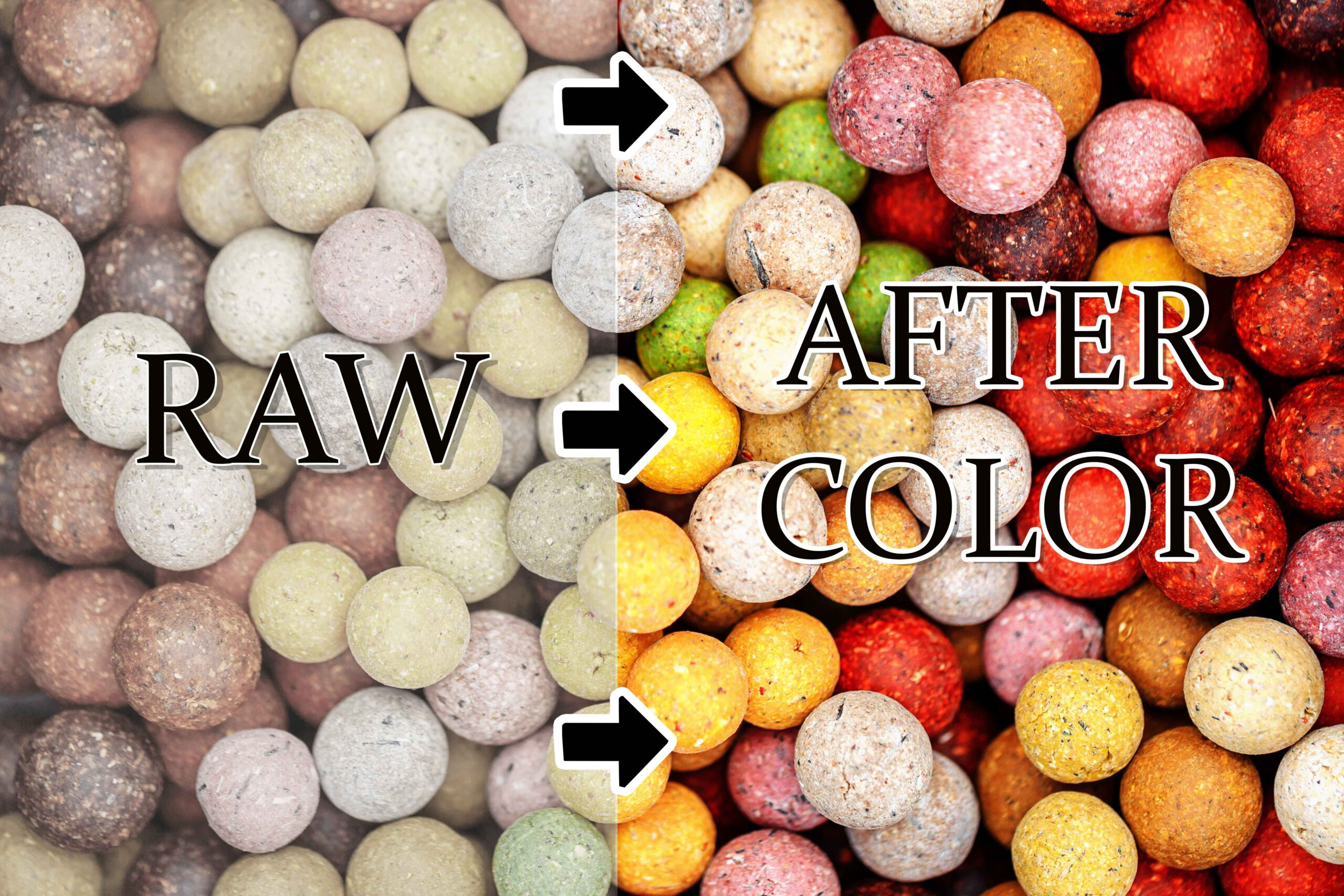 side by side before and after color correction photo of pebbles